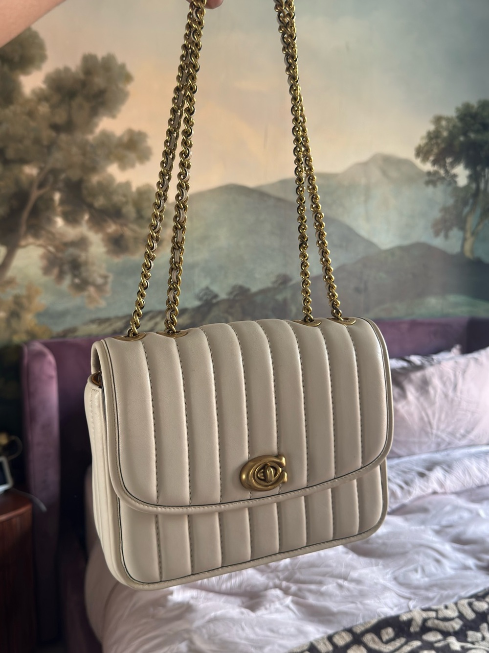 Coach Madison Quilted Cream Shoulder Bag with Gold Chain